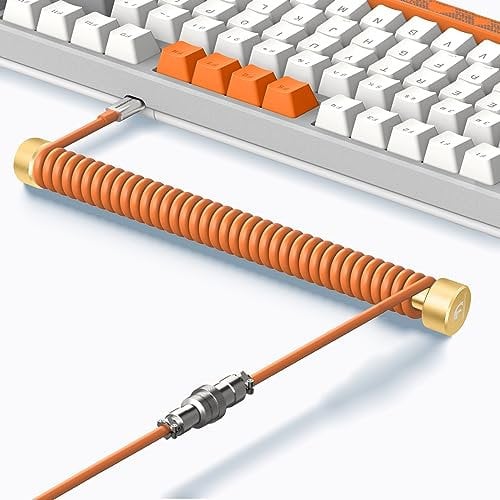 MAMBASNAKE C01 Custom Coiled Keyboard Cable and Metal Aviator Cable Winder Set - Aviator Cable Fixed Rod + TPU Coiled USB C Cable with Detachable Metal Aviation Connector for Gaming Keyboard - Orange