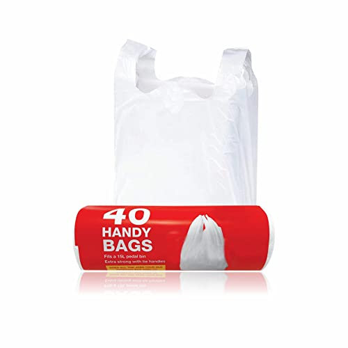 Handy Bags Pedal Bin Bag Extra Strong Carrier Bags Leak Proof Shopping Bag Roll Refuse Sacks Tie Handles Bin Liners Waste Bags Kitchen Office Essentials Home Accessories White 15 Litre (Pack Of 40)