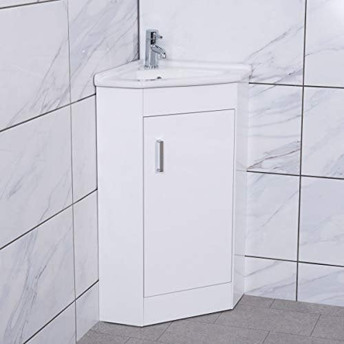 Aquariss Bathroom Cabinet White Corner Floorstanding Vanity Unit & Ceramic Basin Sink Cloakroom Storage Furniture 550mm
