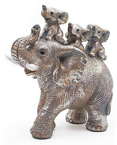 Irayin Elefanten Deko, Elefant Statue Figure, Mama Geschenk, Elefantenmutter trägt DREI Elefantenbabys auf ihrem Rücken, Dekoration für Wohnzimmer, Büro, Bücherregal, Schlafzimmer - Silber