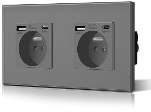 BSEED Prise en verre cristal Murale avec USB et 1 Type C alternatif Multiprise Murale avec USB 2.1A courant 16 Amp 240V 157mm Gris