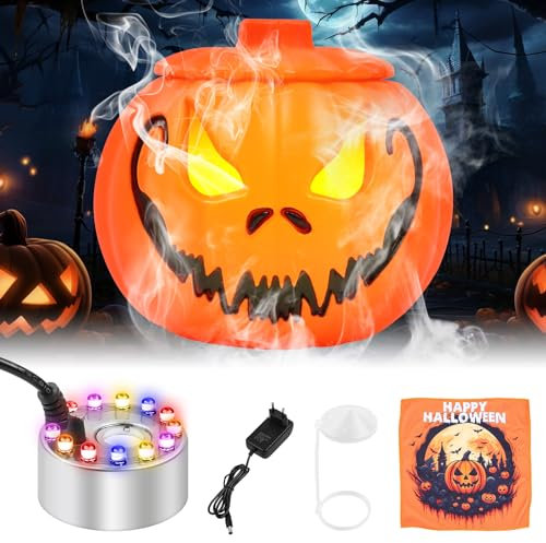MaxEarn 12 LED-Lichtern Nebelhersteller, Halloween Kürbis Dreifarbig Gefälle Nebelmaschine, Ultraschall Vernebler mit Spritzschutz, Farbwechsel Fogger Wassernebler für Brunnen Teich Steingarten
