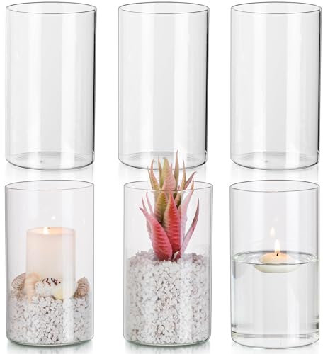 Glasseam Kerzenhalter Stumpenkerzen Set, Modern Zylinder Windlicht 6er Kerzenständer Glas Vasen Hochzeit Tischdeko, Klar Glaszylinder mit Boden für Blockkerzen Schwimmende Kerzen Dekor