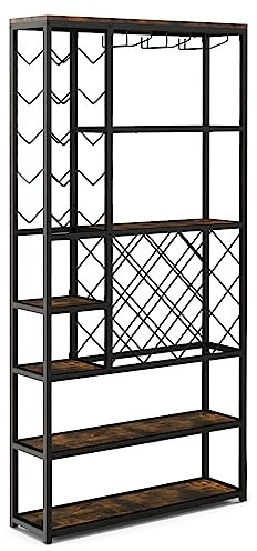 GiantexUK 27 Bottles Wine Rack, 6-Tier Freestanding Wine Bar Cabinet with Storage Shelves, Glass Holders & Anti-Tipping Device, Floor Wine Holder Display Shelves for Dining Living Room Office Pub