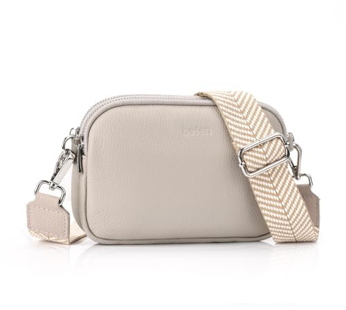befen Genuine Leather Crossbody Bag for Women Small Handbags Double Pockets Mobile Phone Shoulder Purse-Beige Gray
