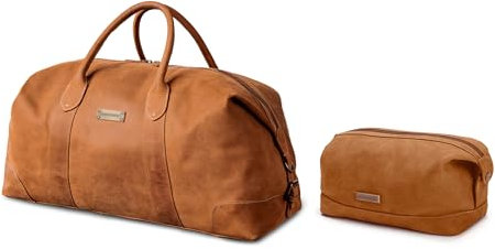 DRAKENSBERG Set/2 Leder Weekender 'David' & Kulturbeutel 'Ruby' - Reisetasche Herren, Damen mit passender Kulturtasche - Cognac-Braun, DR-SET-909