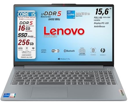 Lenovo, pc portatile Notebook, i5 12450H 12th, DDR5 16Gb, Display IPS FHD 15,6, SSD 256 Gb, Wi-Fi, Bt, USB Thunderbolt, Tastiera retroilluminata, fingeprint integrato, Win11 Pro, Pronto all'Uso