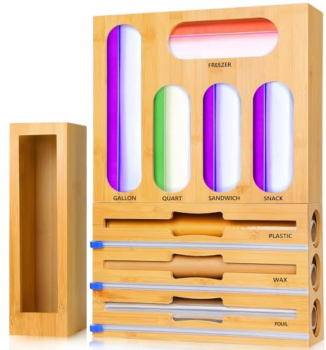 QPIX DIGITAL Storage Organizer for Kitchen Drawer - 9 in 1 Bamboo Foil and Plastic Wrap Dispenser With Cutter, Compatible With Gallon Quart Sandwich & Snack Bags