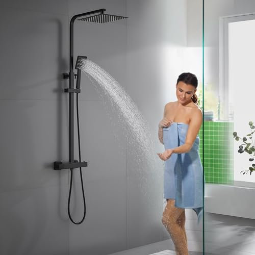 KINKIBOS Duschsystem mit Thermostat Schwarz, Höhenverstellbar Duschgarnitur, Regendusche mit Armatur, 25 * 25 CM Duschkopf Regendusche, Thermostatische Duscharmatur aus Messing