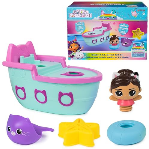 Gabby's Dollhouse Gabby & SS Mercat-Juego de baño Flotante pequeños con Crucero y Chorro, Juguetes niñas a Partir de 3 años GbbsAndSS MercatBathSet, Multicolor, S (Spin Master 6070917)