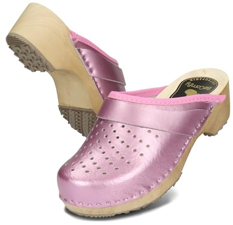 BeComfy Zoccoli da Donna con Suola in Legno Vera Pelle Metallizzato Oro Argento Rosa 35 36 37 38 39 40 41 EU