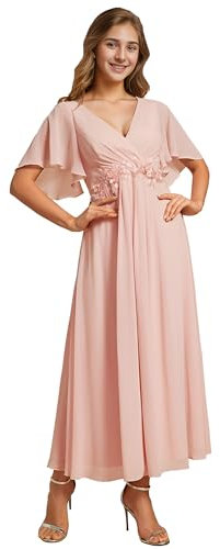 Ever-Pretty Vestito Donna Elegante Abito Cerimonia Donna con Applique e Collo V Midi Maniche a Volant Chiffon Stile Impero Rosa 50