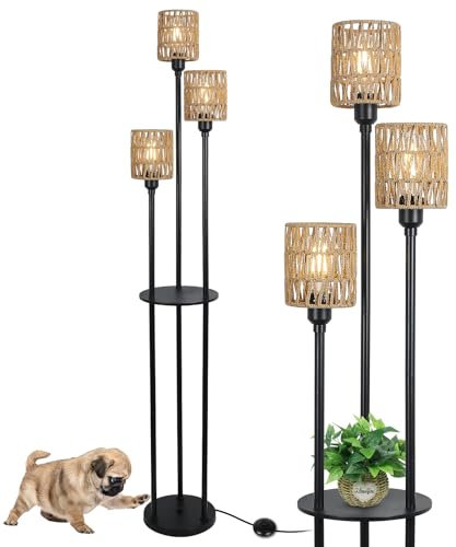 Rayofly Rattan Stehlampe Wohnzimmer, Boho Stehlampe mit Regal, 3-flammige Vintage Stehleuchte mit Rattan Lampenschirm & Fußschalter, Industrial Stehlampe für Schlafzimmer Kinderzimmer Büro, Höhe 165cm