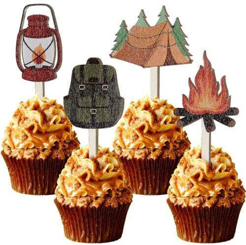 CORNER LACE 16pcs Camping Themed Wooden Cupcake Toppers, Camper Cake Picks Decorations Lumberjack Birthday Party Decor Favors