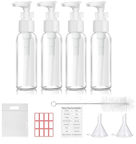 MORICOH 4PCS Travel Bottles Set for Toiletries and 1 Flight Airport Security Liquid Bag(20cm x 20cm), 100ml Travel Bottles (4PCS Pump Bottle)