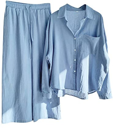 Zweiteiler Damen Sommer Musselin Blusen Und Lange Hose Sets 2 Teiler, Sommer Hemd Langarm Hohe Taille Weites Bein Hosen Outfits Damen Set, Plissee Hosenanzug Elegante Freizeitanzug Loungewear