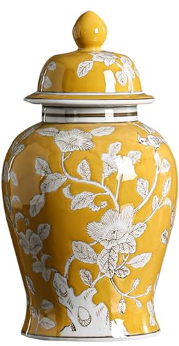 Feine Keramikvase aus China, gelbe Keramik-Ingwerglas-Vase mit Deckel, traditionelles chinesisches dekoratives Porzellan-Tempelglas mit Blumenmuster, Blumenvasen, Glasdekoration for Wohnzimmer, Regal,