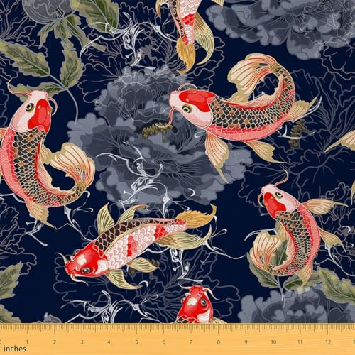 Loussiesd Japanisch Koi Fische Stoff Meterware 920x150cm Blume Floral Dekorative Patchwork Stoffe Japanisch Ukiyoe Wasserdichter Stofffor Stühle Japanisch Stil DIY Reupholstery Polsterstoff