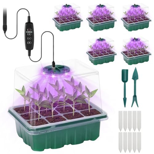 Umllpet 5 Stück Zimmergewächshaus Anzuchtkasten mit Pflanzenlampe, 60 Zellen Mini Gewächshaus Anzucht Set, Wiederverwendbare Kunststoff-Keimschalen für den Beginn des Samenanbaus im Innenbereich