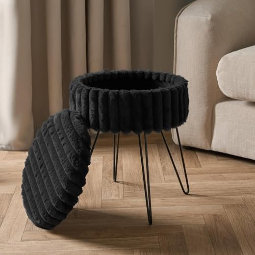 OHS Black Round Footrest Stool Ottoman Faux Fur Ribbed Storage Dressing Table Chair with Hairpin Legs Soft Seat for Living Room Bedroom Dressing Area, One Size