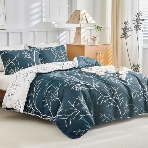 Tokokimo Bettwäsche 220x240 3teilig - Bettwäsche-Sets mit 2 Kopfkissenbezüge mit Reißverschluss 80x80 cm - Zweigmuster Mikrofaser Bettbezug für Doppelbetten mit Reißverschluss, Marineblau