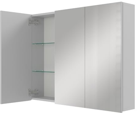 Planetmöbel ARIA Spiegelschrank Bad 90 cm breit | Badschrank hängend mit Spiegel | Weiß Grau, ohne Leuchte und Steckdose, Spiegelschrank Gäste WC 90 x 70 x 16 cm