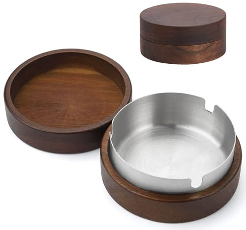 Aschenbecher mit Deckel, Hölzern Windaschenbecher, Silbrig Aschenbecher für Draussen Holz, Aschenbecher aus Holz mit Deckel, Herausnehmbare Edelstahl Auskleidung, für Home, Office, Balkon, Partys