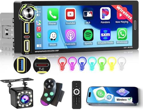 Ohradio Autoradio 1 Din Schermo 6,9 Wireless CarPlay Android Auto | Schermo IPS, Bluetooth, Radio FM, 2USB, SWC, Mirror Link, Retrocamera