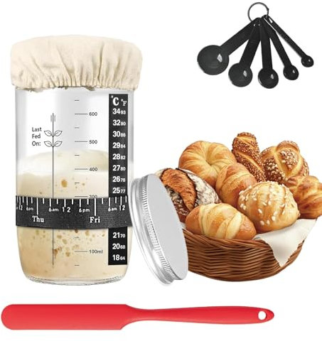 Kit de démarrage pour levain de levain, pot de 1 000 ml avec couvercle en aluminium, bande d'alimentation marquée par la date, grattoir en silicone, couvercle en tissu et bande de thermomètre, petite