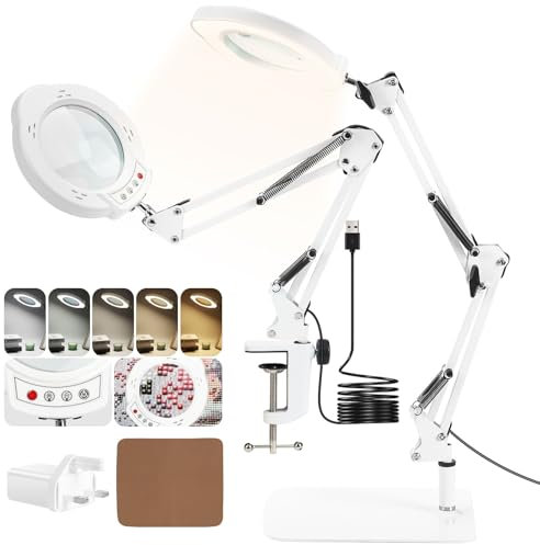 Magnifying Glass with Light, 5-Modes 10-Dimmable Hands-Free Magnifier Lamp with Light & Square Stand & Clamp, Magnifying Glasses For Hobbies 10X Craft Lamp for Reading, Diamond Art, Close Work