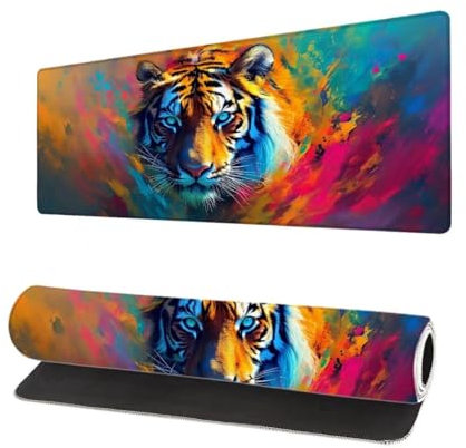 Grand Tapis de Souris XXL 1200x600x3mm, Tapis de Souris Gamer Coloré avec Surface en Antidérapant Résistant à l'eau Tapis de Bureau Mouse Pad Tigre, sous Main Souris à Bords Cousus pour Bureau T-3