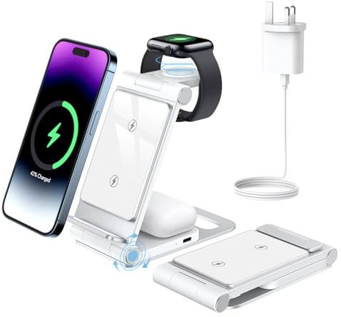 Wireless Charging Station for iPhone Wireless Charger 3 in 1 Charging Station for Apple,Foldable Stand for iPhone 16/15/14/13/12/11,for iWatch 10/9/Ultra/8/SE/7/6/5,for Airpods Pro 3 2 Silvery White