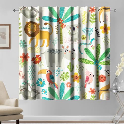 Kzzfqxb 107x215cm Kinder vorhänge 2 Paneele, Tropische Dschungelwaldtiere Bäume Blumen Vögel Kakteen Cartoon-Druck für Kinder, Jungen, Mädchen, Baby, Schlafzimmer, Kinderzimmer