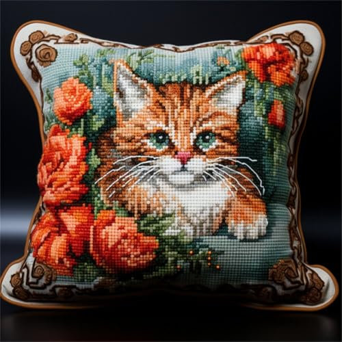 Kitquiver Diy Knüpfkissen Set Katzentiere Und Blumen Knüpfhäkel-Set,Kissen,Diy-Teppich,Häkelnadel,Kissenherstellungs-Sets Mit Vorgedrucktem Muster Auf Leinwand 17x17In
