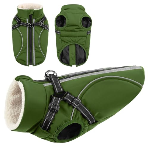 CITÉTOILE Wasserdichter Winter Hundemantel mit Geschirr Fleece Grün S | Warme Hundejacke mit Reißverschluss, Wintermantel mit Reflektorstreifen für kleine Mittel Große Hunde, mit Bauchschutz