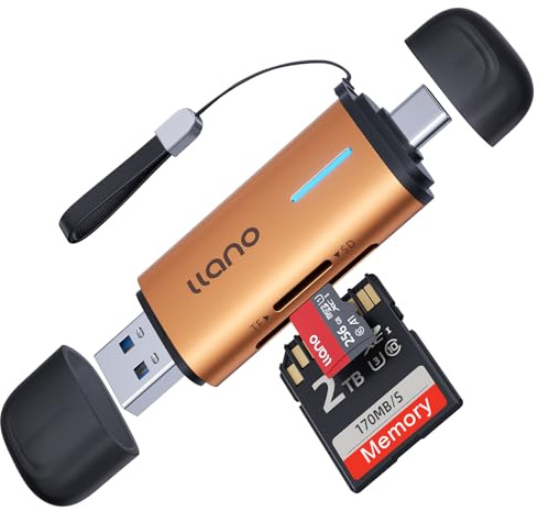 llano Lettore di schede SD per UHS-I, USB-C 2-in-1 SD Card Reader(5 Gbit/s) | per fotografi – Plug & Play, doppio slot USB-C, portatile, per MicroSD/SDHC/SDXC e iPhone 17/16/15, MacBook/iPad/Android/PC