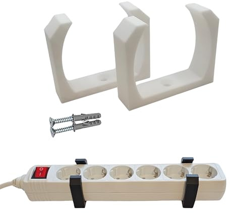 Universal-Wandhalterung für Steckdosenleisten – 2er Set mit Schrauben & Dübeln – Wand- & Tischmontage – kompatibel mit 3–9-Fach Leisten – Made in Germany (Weiß)