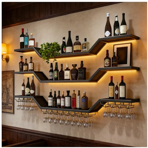 TAUODUYY 3-Tier LED Wall Mounted Wine Rack, Modern Floating Bar Shelves with Wine Glass Rack, 200cm Large Wine Storage Liquor, for Home Bar Dining Room Cafe Decorative (Black, 200cm)