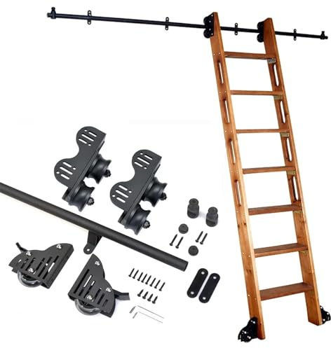 Wujgbnhg Black Steel Rolling Library Sliding Ladder Hardware Kit,Carbon Steel Material,Rustic Rolling Round Tube Mobile Ladder Track,with Floor Roller Wheels,Easy to Install,Ladder Rail Hardware
