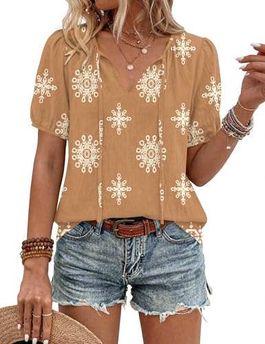 Rapbin Womens Tops Summer Boho V-Neck Tie Front Blouses Short Sleeve Casual Loose-Fit Flowy Tunic Shirts