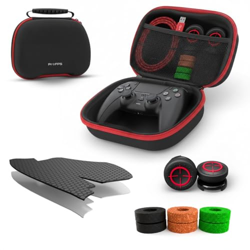 ProFPS gaming zubehör Ultra Accessoirepaket Compatible With PS5 Controller mit Schutzcase, rutschfesten Griffaufsätzen, Thumbstick Kappen und Präzisionsringen für präzises Spielen in Schwarz