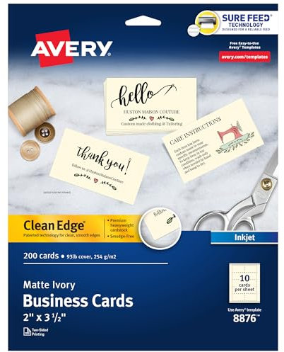 Avery Clean Edge bedruckbare Visitenkarten mit Sure Feed-Technologie, 5,1 x 8,9 cm, elfenbeinfarben, 200 Blanko-Karten für Tintenstrahldrucker (08876)