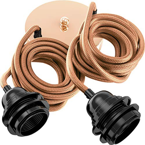 Hoopzi - Câble Suspension Luminaire Cuivre - Fil Electrique en Tissu 2,5m - 2 x Ampoules Douille E27 - Pour Salon, Cuisine, Chambre - Modèle Hang 2