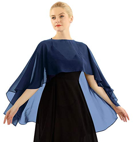 TiaoBug Damen Chiffon Stola Schal Poncho Vorne Kurz Hintern Lang Umhang Cape asymmetrisches Oberteil über festliche Kleider Brautkleid Accessoire Navy Blau Einheitsgröße