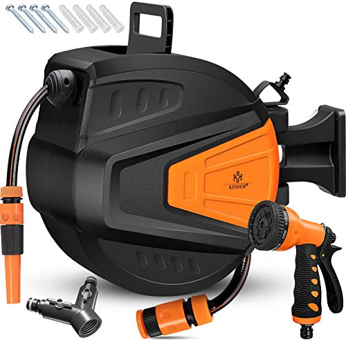 KESSER® Schlauchtrommel Wasser 15+2m Schlauchaufroller Inkl. 2-Wege-Verteiler + Multi-Handbrause Wasserschlauchtrommel Automatik | 180° Schwenkbar | Wandhalterung | Gartenschlauch | Orange