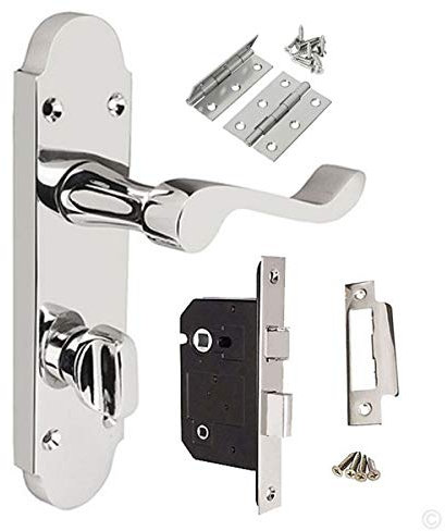 HANDLESTORE Shaped Scroll Bathroom Door Handle Set with Hinges – Polished Chrome Lever Handles on Backplate with 75mm Bathroom Lock, Thumbturn & Screws