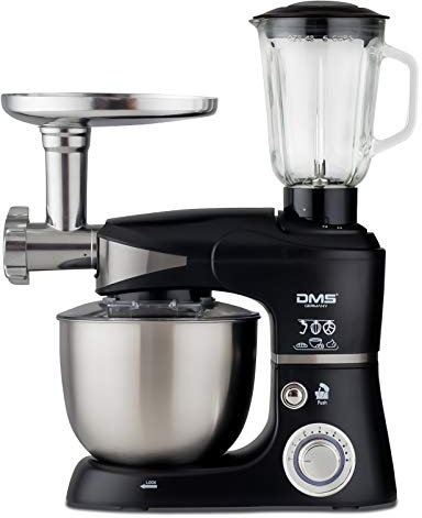 DMS 3 in 1 Küchenmaschine Rührmaschine 5 Liter Knetmaschine Edelstahlschüssel Spritzschutz StandMixer Ice Crusher Fleischwolf Teigkneter 6-stufige Geschwindigkeit 1700 Watt KMFB-1700 (Schwarz)