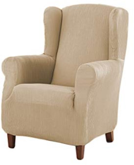 Estoralis | Berta Ohrensesselbezug im modernen Design | Elastischer Jacquardstoff | Hellbeige | Für Ohrensessel von 70 bis 110 cm. | Sesselschutz | Anpassbar an alle Arten von Sesseln