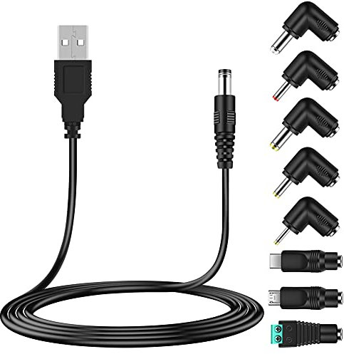 Universal 5V USB to DC 5.5x2.1mm Power Cable, Charging Cord with 8 Connector Tips (5.5x2.5, 4.8x1.7, 4.0x1.7, 3.5x1.35, 2.5x0.7, Micro, USB C, Universal) for Fan, Speaker, Phone, Tablet and More