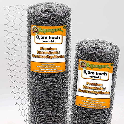 Aquagart Malla de alambre de 20 m, malla hexagonal galvanizada, valla para gallinas, conejos, malla fina de 25 mm x 25 mm, malla de alambre hexagonal de 0,9 mm, 50 cm de alto